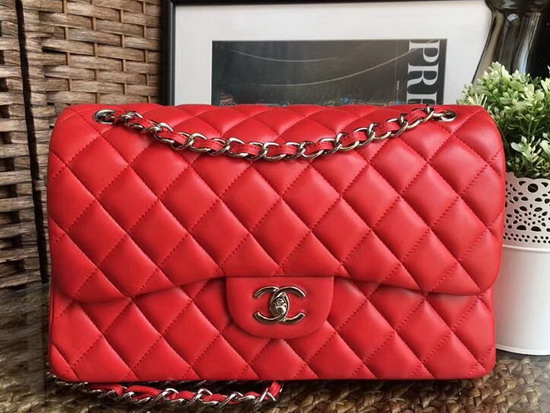 Chanel Large Classic Flap Bag in Red with Silver Hardware