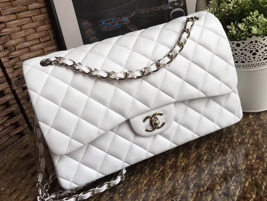 Chanel Large Classic Flap Bag in White with Silver Hardware Quilted Lambskin