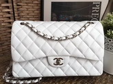 Chanel Large Classic Flap Bag in White with Silver Hardware Quilted Lambskin