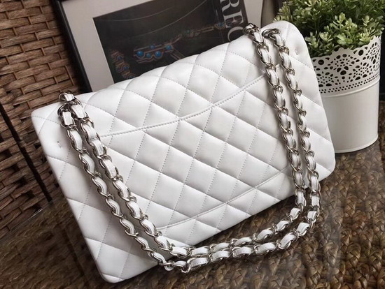 Chanel Large Classic Flap Bag in White with Silver Hardware Quilted Lambskin