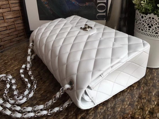 Chanel Large Classic Flap Bag in White with Silver Hardware Quilted Lambskin