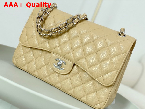 Chanel Large Classic Handbag in Beige Grained Calfskin with Silver Tone Metal Ref A58600 Replica