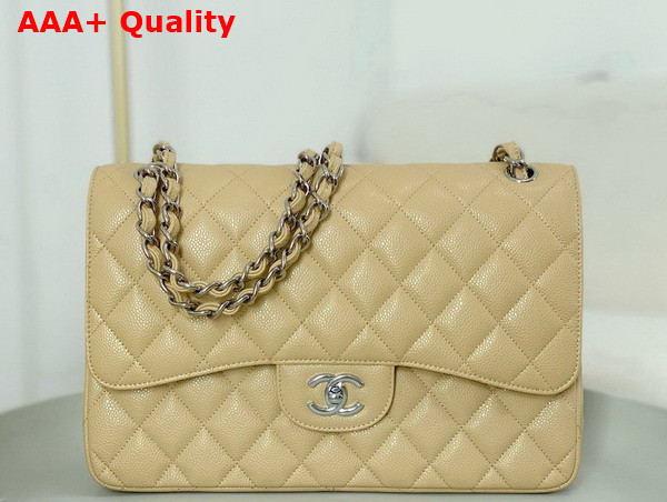 Chanel Large Classic Handbag in Beige Grained Calfskin with Silver Tone Metal Ref A58600 Replica