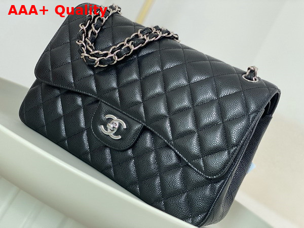 Chanel Large Classic Handbag in Black Grained Calfskin with Silver Tone Metal Ref A58600 Replica