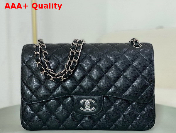 Chanel Large Classic Handbag in Black Grained Calfskin with Silver Tone Metal Ref A58600 Replica