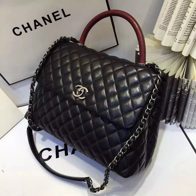 Chanel Large Coco Handle Bag in Black Lambskin Lizard Handle for Sale