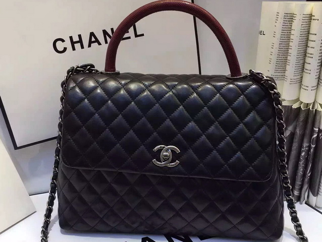 Chanel Large Coco Handle Bag in Black Lambskin Lizard Handle for Sale