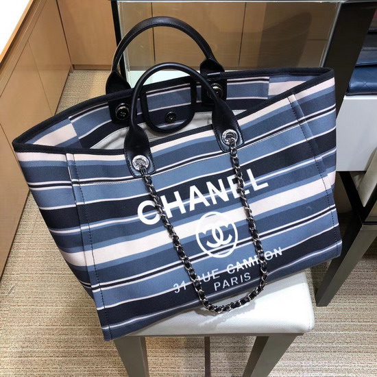 Chanel Large Deauville Tote Blue Stripy Canvas and Calfskin