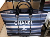 Chanel Large Deauville Tote Blue Stripy Canvas and Calfskin