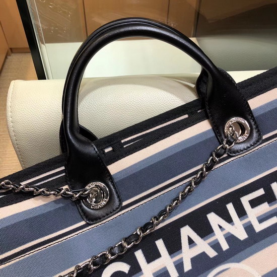 Chanel Large Deauville Tote Blue Stripy Canvas and Calfskin