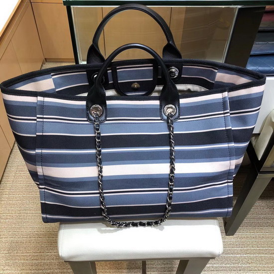 Chanel Large Deauville Tote Blue Stripy Canvas and Calfskin