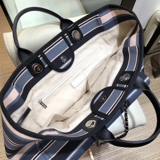 Chanel Large Deauville Tote Blue Stripy Canvas and Calfskin