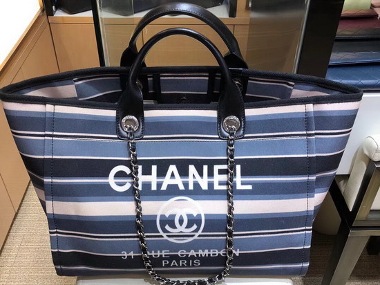 Chanel Large Deauville Tote Blue Stripy Canvas and Calfskin