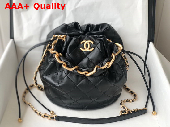 Chanel Large Drawstring Bag Shiny Lambskin and Gold Tone Metal Black AS2425 Replica