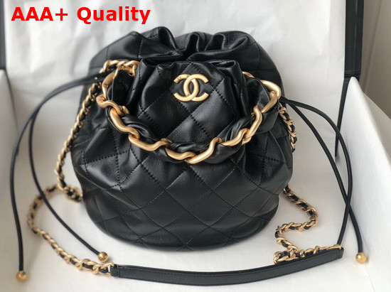 Chanel Large Drawstring Bag Shiny Lambskin and Gold Tone Metal Black AS2425 Replica