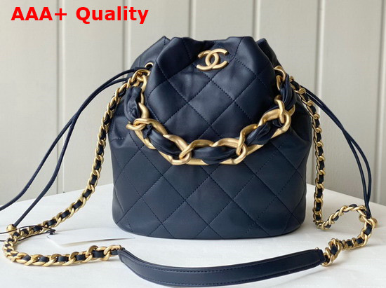 Chanel Large Drawstring Bag Shiny Lambskin and Gold Tone Metal Navy Blue AS2425 Replica