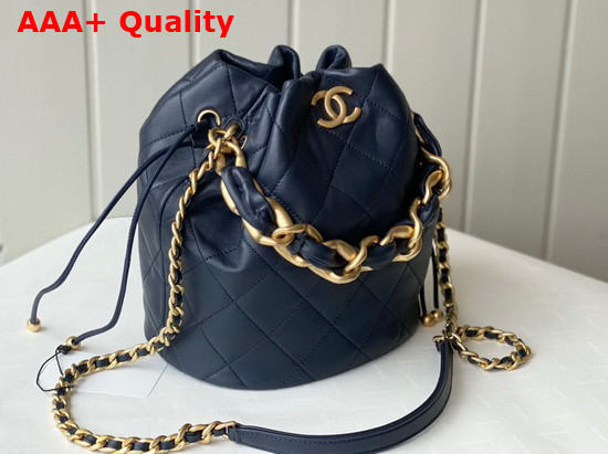 Chanel Large Drawstring Bag Shiny Lambskin and Gold Tone Metal Navy Blue AS2425 Replica