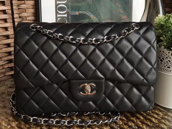 Chanel Large Flap Bag Black Lambskin Silver Hardware