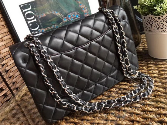 Chanel Large Flap Bag Black Lambskin Silver Hardware