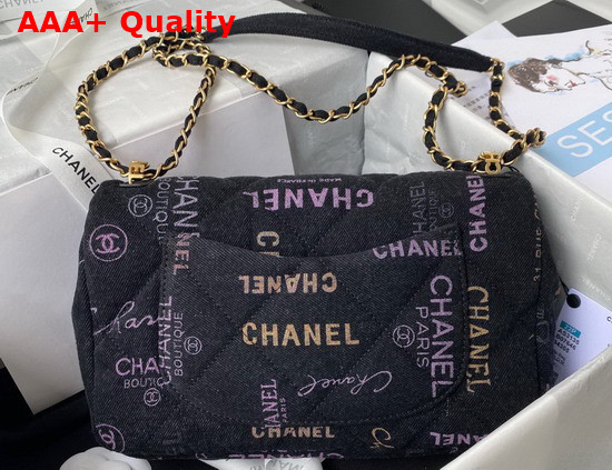 Chanel Large Flap Bag Printed Denim Gold Tone Metal Black Multicolor Ref AS3135 Replica