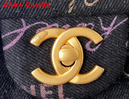 Chanel Large Flap Bag Printed Denim Gold Tone Metal Black Multicolor Ref AS3135 Replica