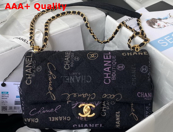 Chanel Large Flap Bag Printed Denim Gold Tone Metal Black Multicolor Ref AS3135 Replica