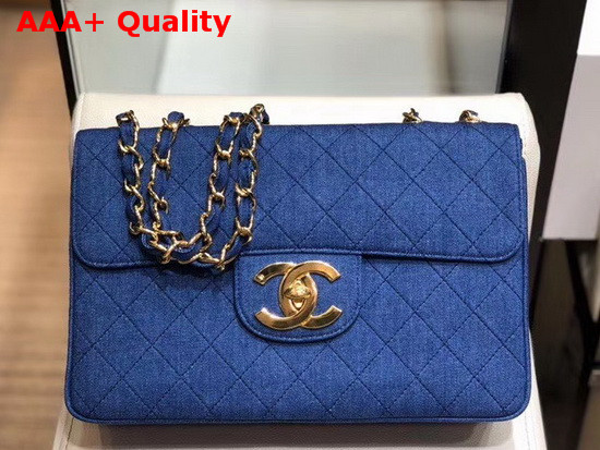 Chanel Large Flap Bag in Blue Denim with Light Gold Metal Replica