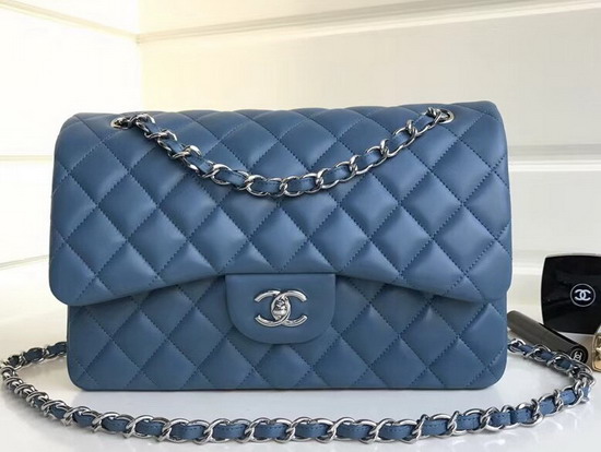 Chanel Large Flap Bag in Light Blue with Silver Hardware Quilted Lambskin