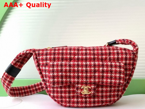 Chanel Large Hobo Bag Wool Tweed Calfskin and Gold Tone Metal Red White Beige and Dark Brown AS5052 Replica