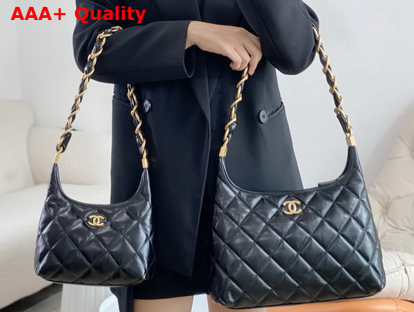 Chanel Large Hobo Bag in Black Shiny Lambskin Gold Tone Metal AS4923 Replica