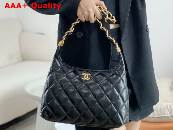 Chanel Large Hobo Bag in Black Shiny Lambskin Gold Tone Metal AS4923 Replica