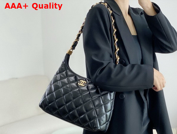 Chanel Large Hobo Bag in Black Shiny Lambskin Gold Tone Metal AS4923 Replica