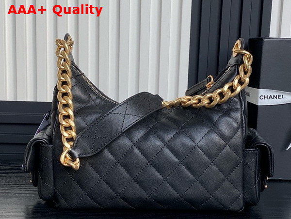 Chanel Large Hobo Bag in Black Shiny Lambskin Gold Tone Metal AS5339 Replica