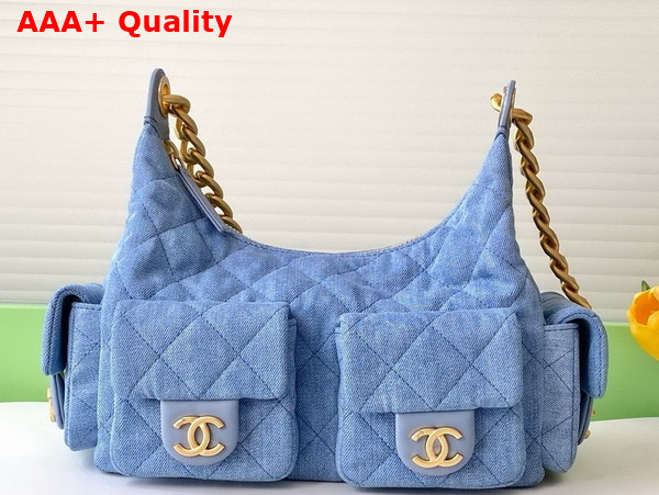 Chanel Large Hobo Bag in Blue Washed Denim Gold Tone Metal AS5339 Replica