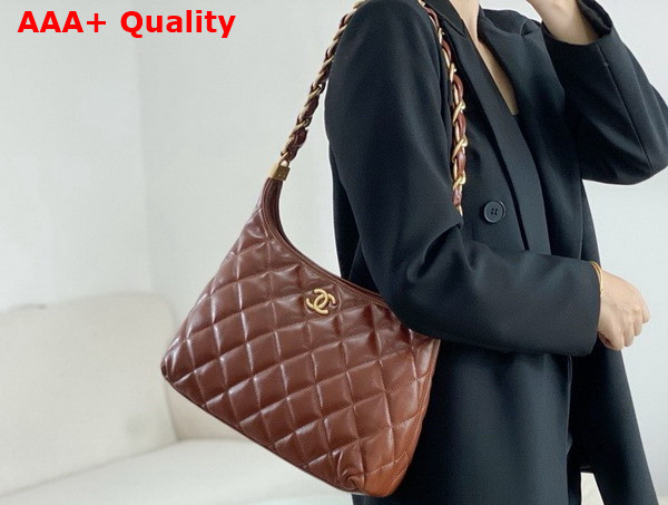 Chanel Large Hobo Bag in Brown Shiny Lambskin Gold Tone Metal AS4923 Replica