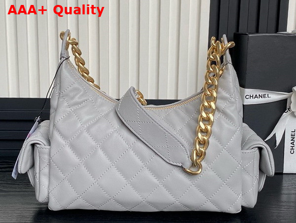 Chanel Large Hobo Bag in Gray Shiny Lambskin Gold Tone Metal AS5339 Replica