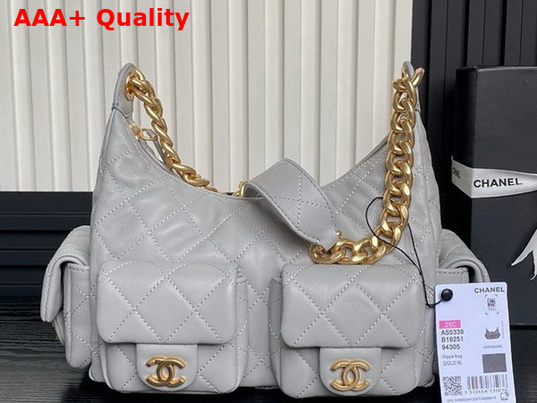 Chanel Large Hobo Bag in Gray Shiny Lambskin Gold Tone Metal AS5339 Replica