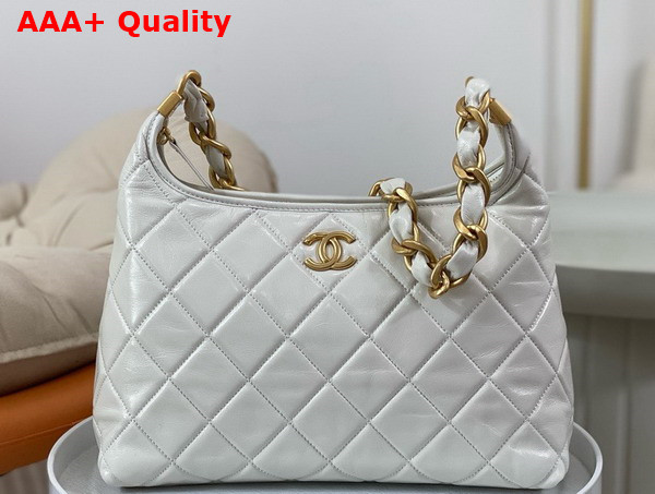 Chanel Large Hobo Bag in White Shiny Lambskin Gold Tone Metal AS4923 Replica