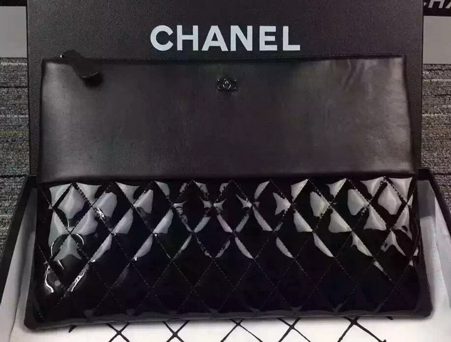 Chanel Large Pouch Black Lambskin and Patent Leather for Sale