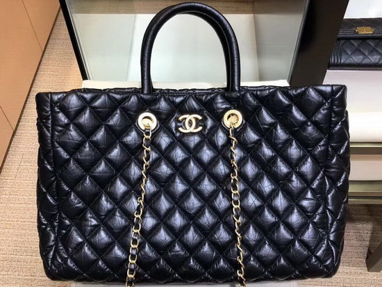 Chanel Large Shopping Bag in Black Aged Calfskin Gold Tone Metal A93525