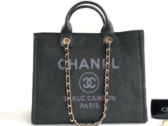 Chanel Large Shopping Bag Black Cotton Nylon Lurex Calfskin Gold Tone Metal A93786