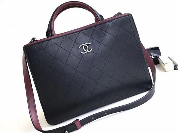 Chanel Large Shopping Bag Bullskin Antique Silver Tone Metal Black and Burgundy For Sale