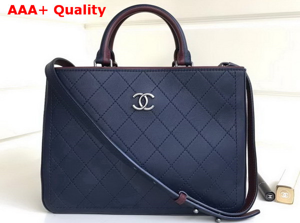 Chanel Large Shopping Bag Bullskin Antique Silver Tone Metal Navy Blue and Burgundy Replica