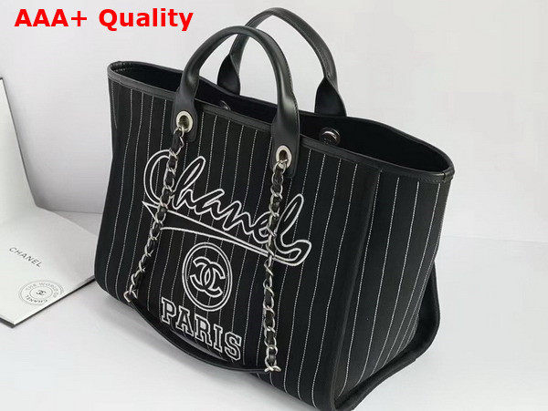 Chanel Large Shopping Bag Cotton Calfskin Silver Tone Metal Black and White A66941 Replica