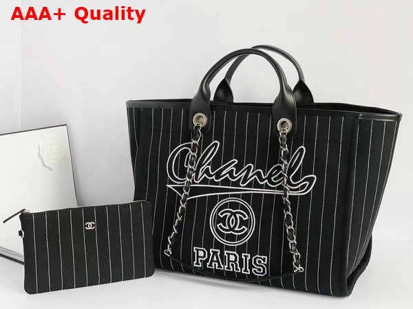 Chanel Large Shopping Bag Cotton Calfskin Silver Tone Metal Black and White A66941 Replica