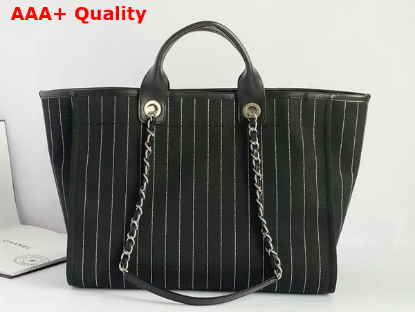 Chanel Large Shopping Bag Cotton Calfskin Silver Tone Metal Black and White A66941 Replica