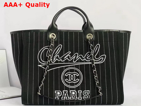 Chanel Large Shopping Bag Cotton Calfskin Silver Tone Metal Black and White A66941 Replica