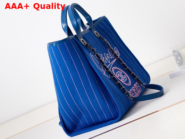 Chanel Large Shopping Bag Cotton Calfskin Silver Tone Metal Blue and White A66941 Replica