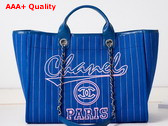 Chanel Large Shopping Bag Cotton Calfskin Silver Tone Metal Blue and White A66941 Replica