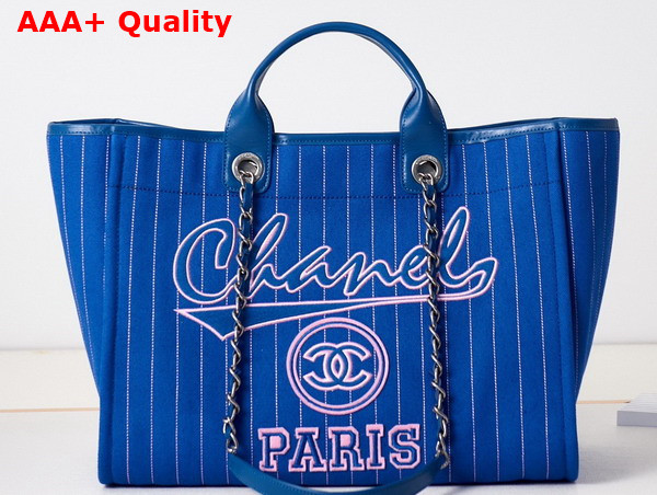 Chanel Large Shopping Bag Cotton Calfskin Silver Tone Metal Blue and White A66941 Replica